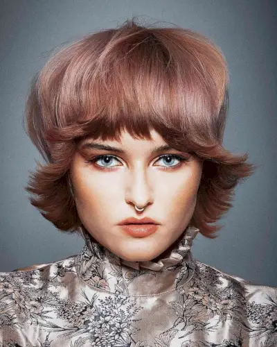 Jaw-Length Dark Auburn Flicked-Out Choppy Bob with Bangs