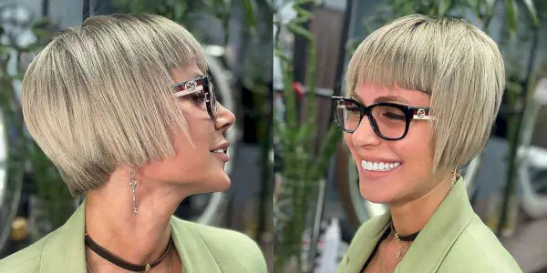 Sleek Blonde Choppy Tapered Bob with Fringe