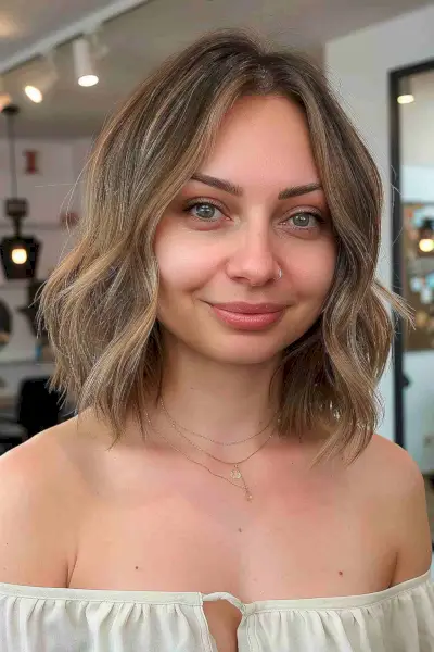 Medium-length bob with a middle part and soft waves, ideal for round face shapes and medium to thick hair