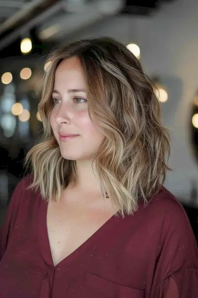 Mid-length angled bob with soft waves and balayage highlights for round face shape