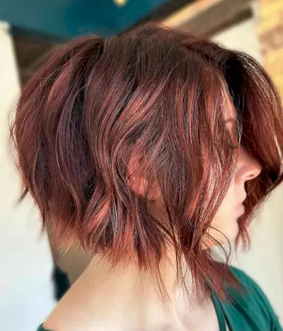 Short Crimson Angled Bob Cut