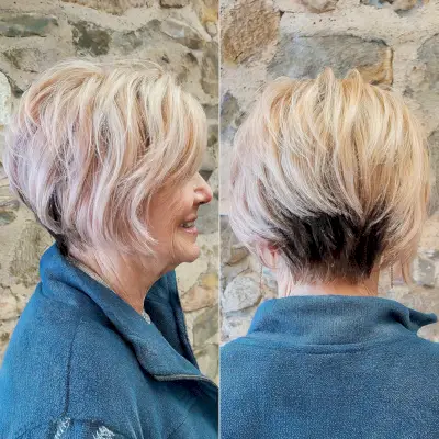 Stacked Layered Bob with Highlights and Lowlights for 70-Year-Olds