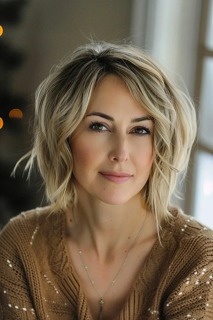 Sandblond hakkete bob for fint hår med lag' title=