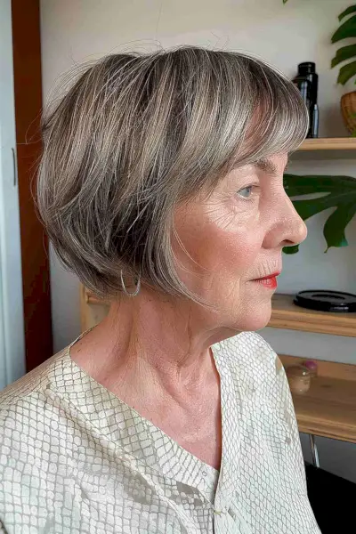 Layered pixie bob with soft bangs and natural grey highlights for older women
