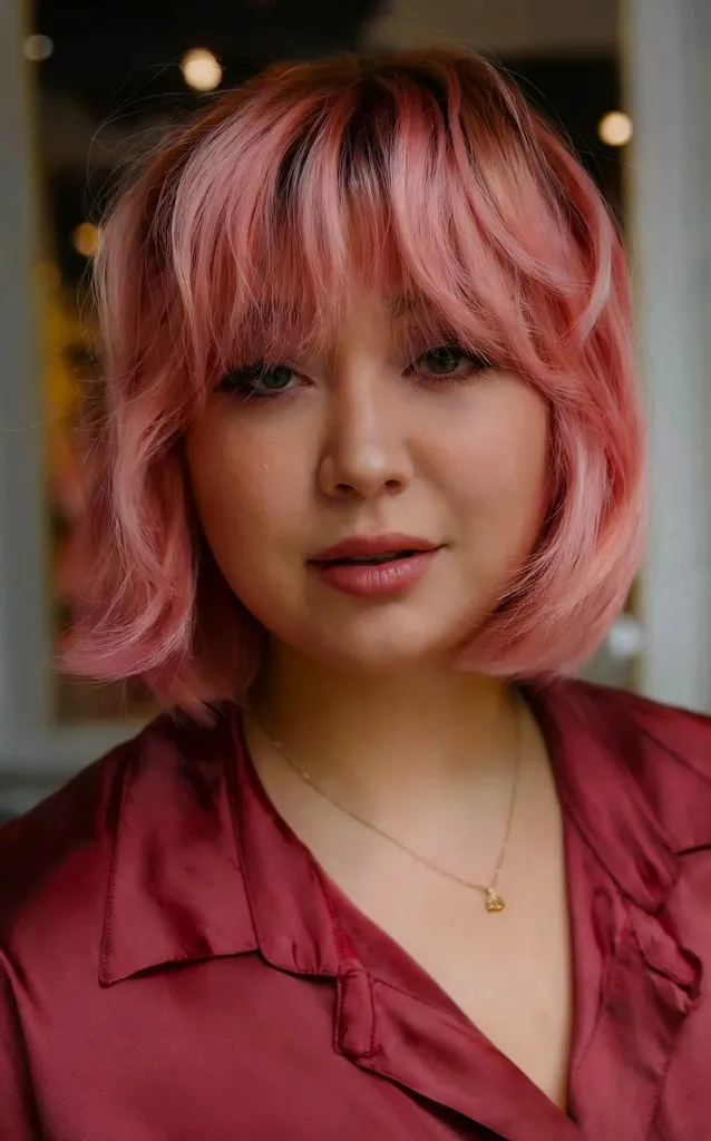 Różowy Bob Balayage do ramion z pierzastą grzywką u pań z okrągłą linią szczęki' title=