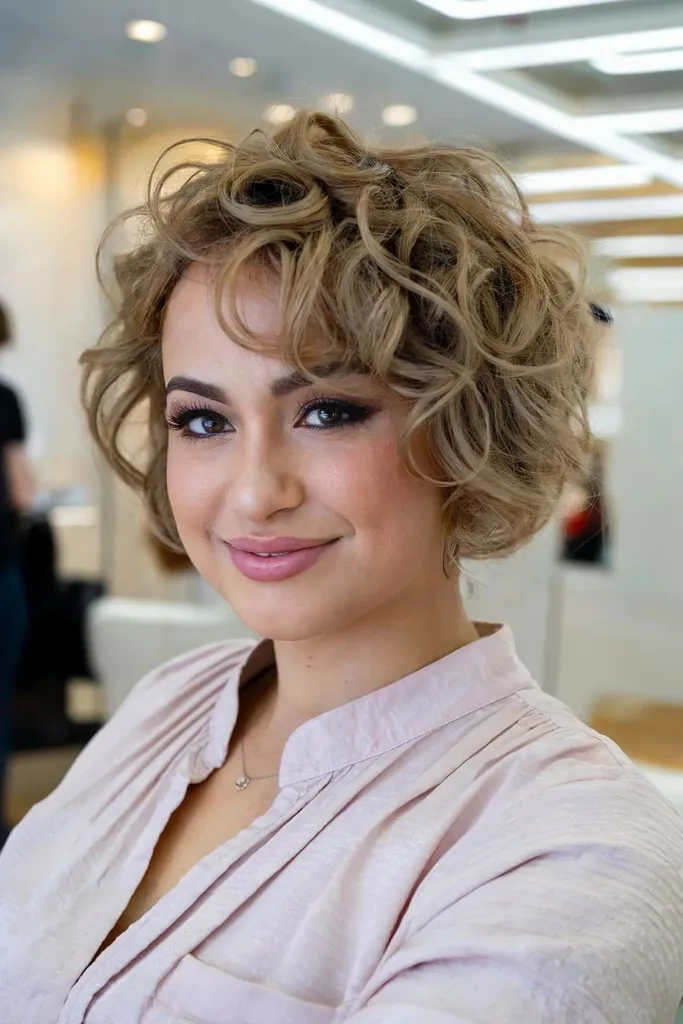 Krótki Bob Pixie z dużymi falami i grzywką dla pełniejszych kształtów twarzy' title=