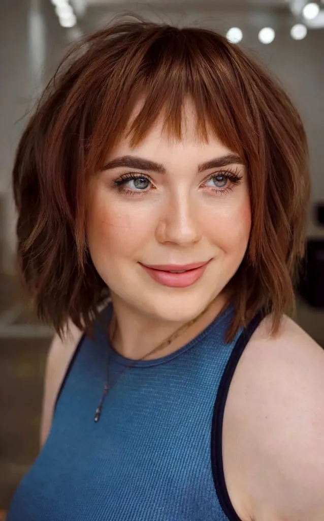 Warstwowy kudłaty lob do szyi z krótką frędzlami u kobiet z wydatnymi policzkami' title=