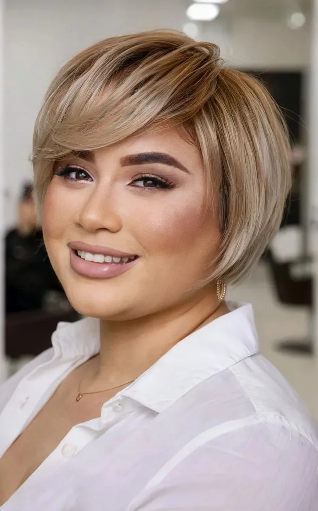 Przycięty bob do szczęki z zaczesaną na bok grzywką u 40-letnich kobiet o okrągłych twarzach' title=