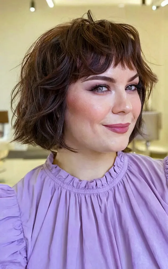 Niepewna grzywka dla krótkiej teksturowanej fryzury typu French Bob dla okrągłych twarzy' title=