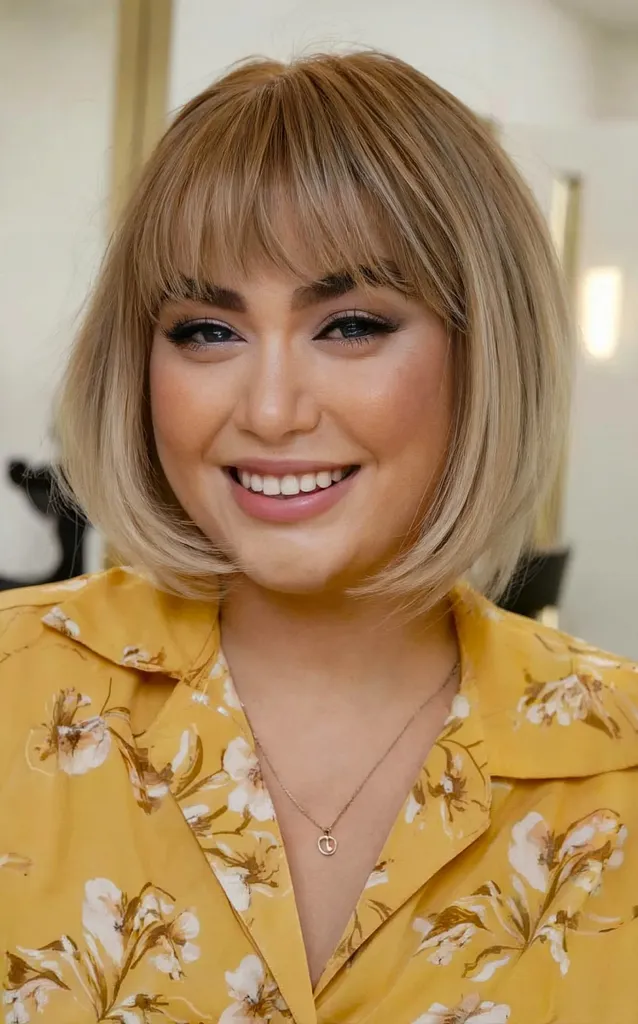 Prosty francuski bob do brody z delikatną grzywką do twarzy okrągłej' title=