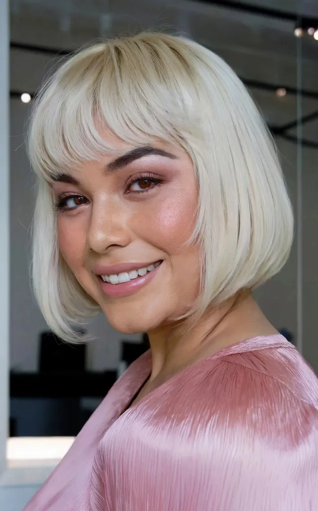 Krótki biało-blond tępy Bob z nierówną grzywką dla okrągłych kształtów twarzy' title=