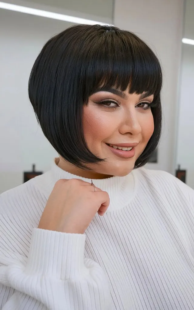 Czarny pixie bob do szczęki z mini frędzlami dla twarzy okrągłej' title=