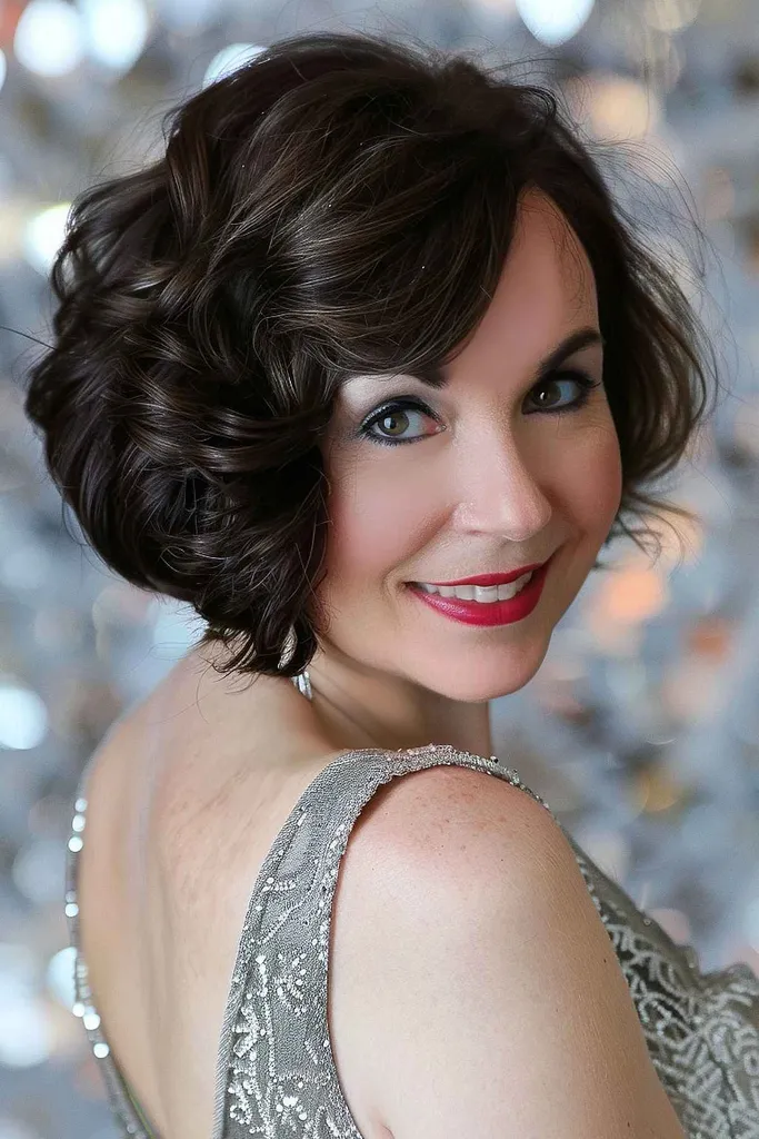 Élégant carré Chanel incliné avec des boucles brillantes juste en dessous de la mâchoire.' title=