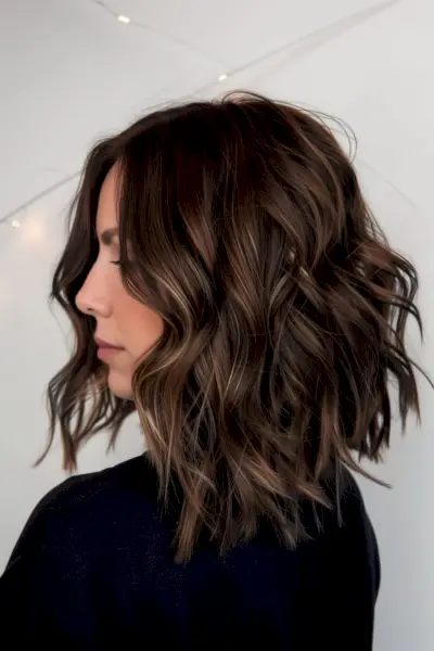 Shoulder-length dark brown bob with natural waves and subtle highlights