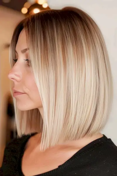 Lob on straight blonde hair with lowlights
