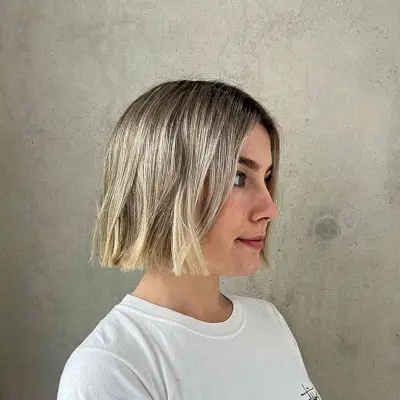 Chin-Length Sharp Boyfriend Bob Cut with Rooted Blonde Color