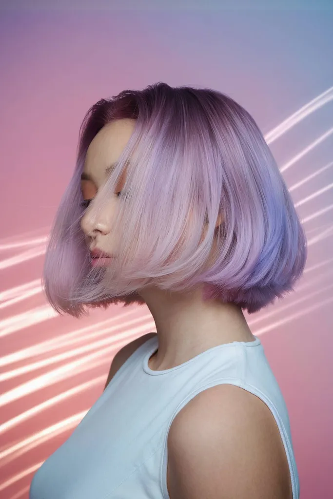 펄 화이트부터 블러쉬 핑크, 라벤더까지 부드러운 파스텔 옴브레가 블렌딩된 크리스탈 캐스케이드 보브' title=