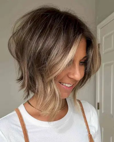 Short Lived-In Brunette Layered Bob with Money Piece and Choppy Ends for Thick Hair