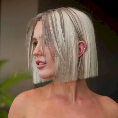 bright blonde blunt cut hairstyle