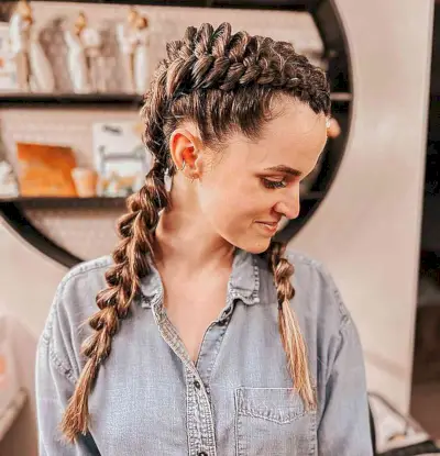 Swept Back Double Pigtail Braids for Mid-Long Hair