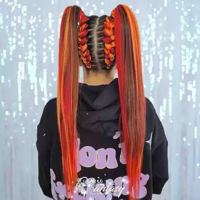 Longer Orange High Pigtails with Dutch Braids