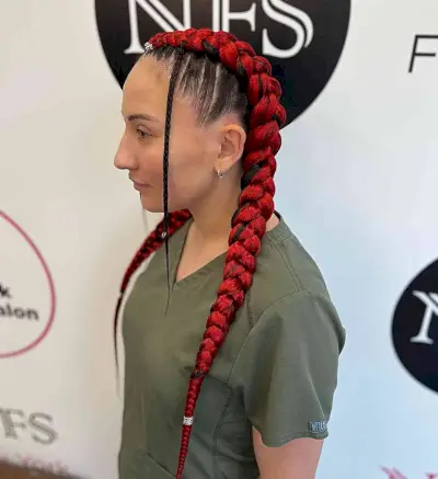 Long Hair with Bold Red Pigtail Braids