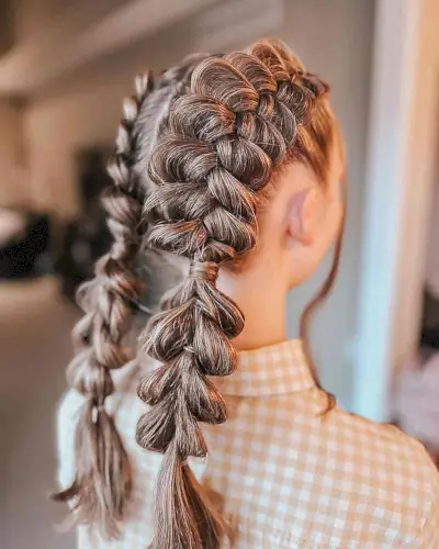 Double Pull-Through Pigtail Braids on Medium-Length Hair