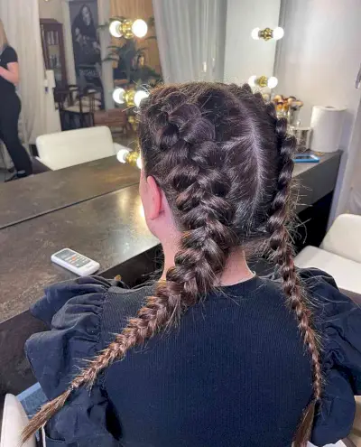 Classic Double Plaited Pigtails for Long Brunette Hair