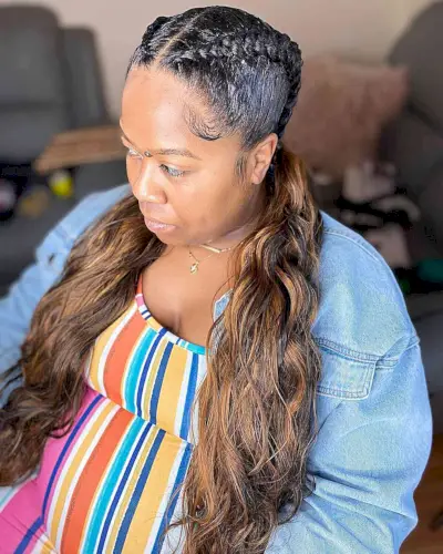 Double French Braids with Long Waves in Pigtails