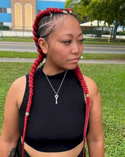 Very Long Plaited Pigtails with Cuffs and Rings