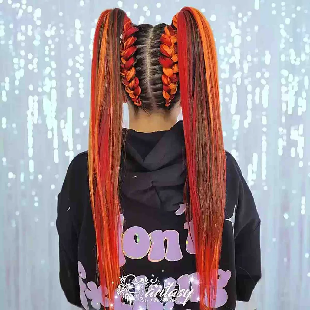 더치 브레이드가 있는 더 긴 주황색 하이 땋은 머리' title=