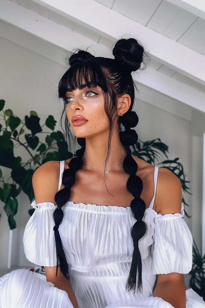 צמות בועות אופנתיות בשילוב עם פוני מסגור פנים היוצרות תסרוקת שובבה ומסוגננת לכל אירוע.' title=