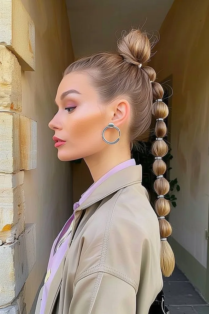 אישה עם שיער חלק ארוך עם צמות בועות רטרו משנות ה-80 המשלבות שובבות עם אלגנטיות.' title=