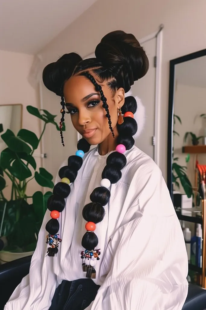 צמות בועות צבעוניות ידידותיות לילדים על שיער טבעי המשלבות קסם שובב עם פרקטיות ליום פעיל קדימה.' title=