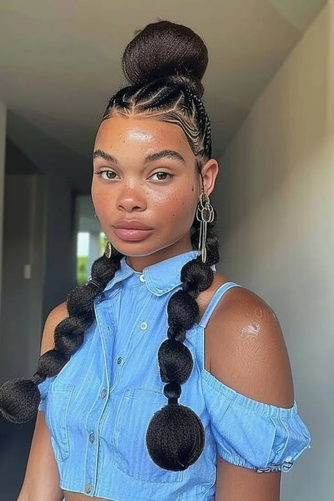 אישה עם שיער עבה 4C מעוצבת לצמות בועות נפחיות בהשראת שנות ה-70, המציגות אסתטיקה שובבה ושיקי.' title=