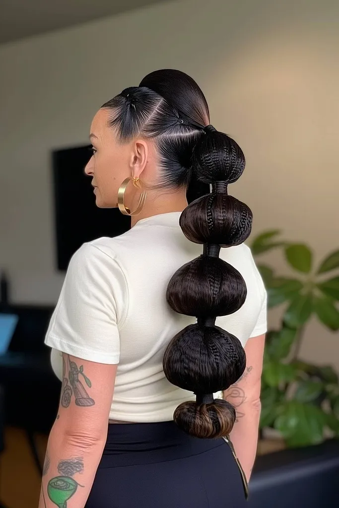 צמות בועות ג'מבו אלגנטיות ונועזות היוצרות אמירה בולטת המתאימה לשיער עבה ולאירועים מיוחדים.' title=