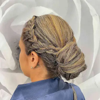 Braided Low Updo with Caramel Balayage