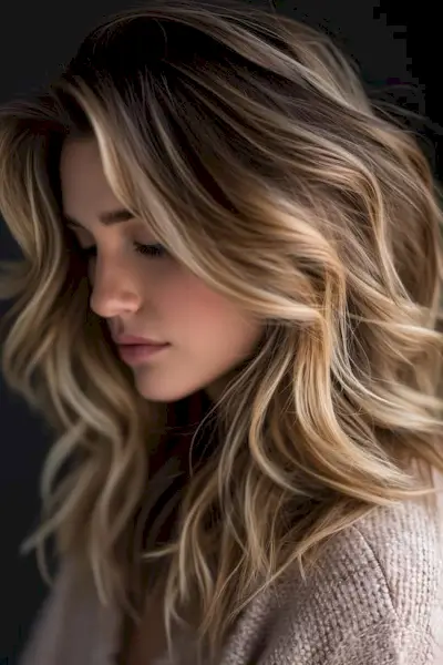 Aschbraune Haarfarbe mit goldblonden Reflexen.