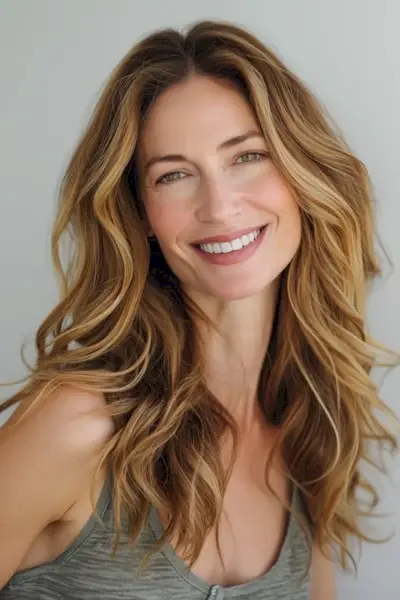 Honigbraune Haarfarbe mit Karamell-Highlights.