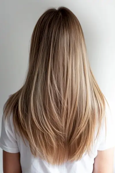 Mittelbraunes Haar mit hellblonden Reflexen auf der Rückseite.