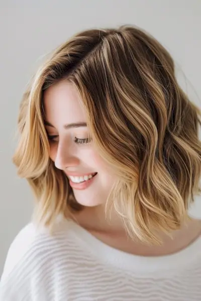 Hellbraune Haarfarbe mit honigblonden Reflexen.