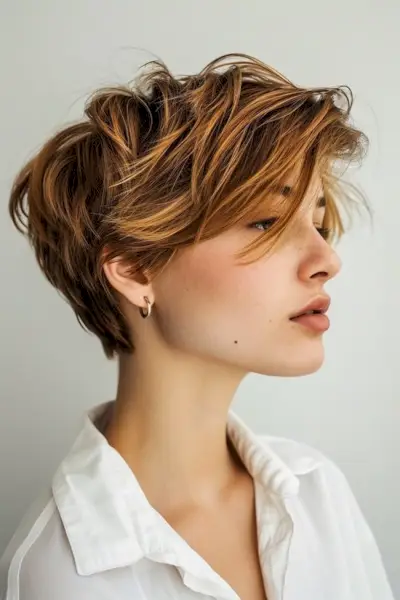 Warmes bernsteinbraunes Haar mit karamellblonden Highlights.