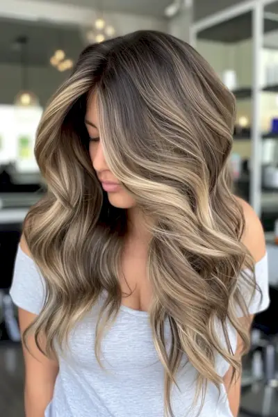 Sattes walnussbraunes Haar mit sandblonden Reflexen.