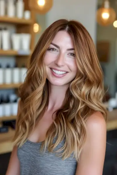 Kastanienbraune Haarfarbe mit goldblonden Reflexen.