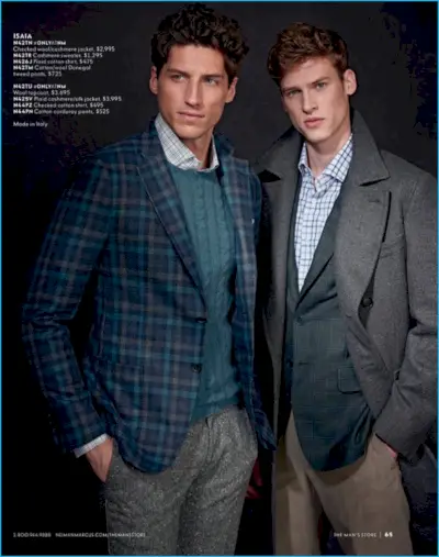 Modeliai Ryanas Kennedy ir Joelis Meacockas dėvi ISAIA kostiumus ir mezginius.