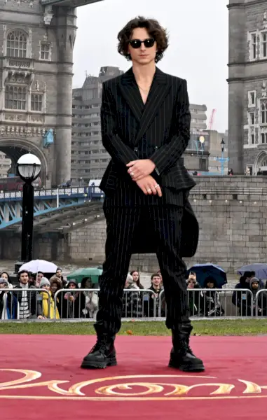Timothée Chalamet Alexander McQueen Abito gessato Stivali stringati 2023 Wonka London Photocall