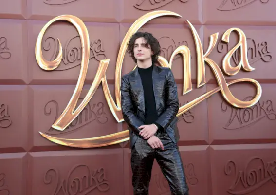 In piedi con sicurezza, Timothée Chalamet completa lo stravagante sfondo di Wonka nel suo lucido completo Tom Ford.