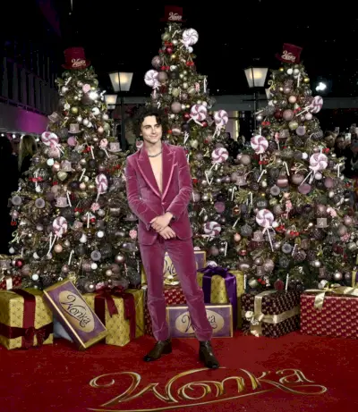 In una scena festosa, Timothée Chalamet si distingue in uno smoking Tom Ford in velluto malva alla première mondiale di Wonka.