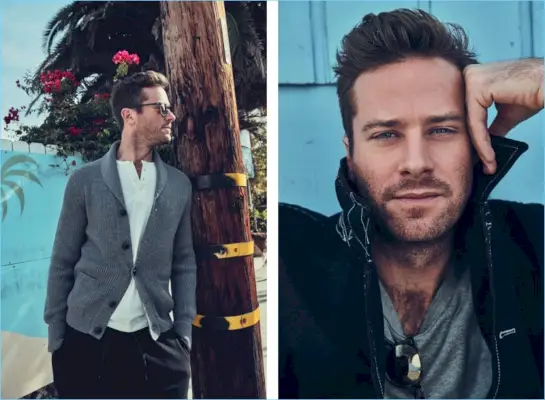 Links: Armie Hammer trägt eine Strickjacke und ein T-Shirt von Tom Ford. Der amerikanische Schauspieler trägt außerdem AMI-Hosen und Oliver Peoples-Sonnenbrillen. Rechts: Hammer rockt eine Comme des Garçons SHIRT-Jacke und ein Schiesser-T-Shirt.