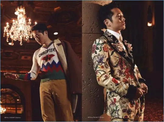 스티븐 연(Steven Yeun)은 글래스 맨(Glass Men)을 위해 구찌의 댄디한 의상을 입었습니다.